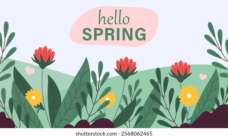 Hello spring greeting banner. Floral springtime hand drawn illustration.