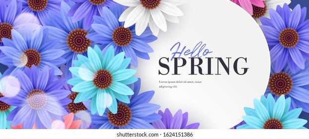 Hello spring greeting banner frame template with blue flowers vector