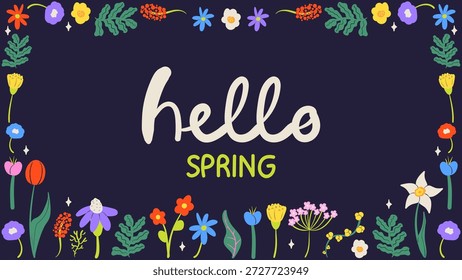 Olá primavera saudação banner convite com flores desenhadas à mão. Ilustração floral da primavera.