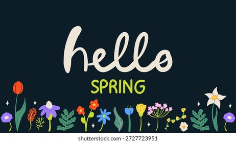 Olá primavera saudação banner convite com flores desenhadas à mão. Ilustração floral da primavera.