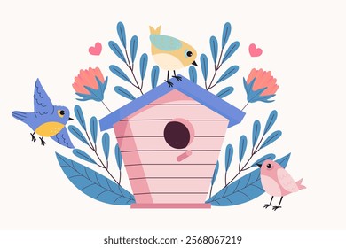 Hello spring greeting banner template with birdhouse. Isolated floral springtime hand drawn illustration.