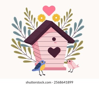 Hello spring greeting banner template with birdhouse. Isolated floral springtime hand drawn illustration.