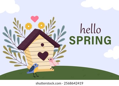 Hello spring greeting banner template with birdhouse. Isolated floral springtime hand drawn illustration.