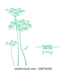 Hello Spring greeting card. Abstract green tender flowers isolated on white background.  Vector illustration