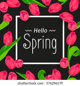 Hello Spring greeting card. Abstract Seasonal banner. Holiday frame, text, flowers. Vector template with fresh colorful background. Festive frame, pink tulips. Mother's day, 8 March, Easter design