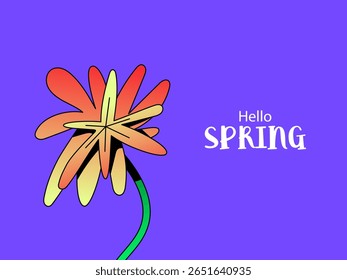 Hello spring greeting card. Balcony gardening, urban plants, potted greenery, balcony lattice. Modern flower design. Flat vector illustration on blue sky background.