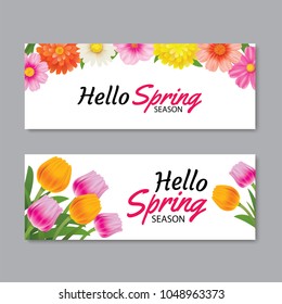 Hello spring greeting card banner template with colorful flower.Can be use voucher, wallpaper,flyers, invitation, posters, brochure, coupon discount.