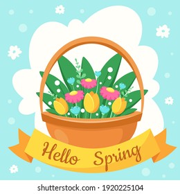 Hello Spring greeting card. Basket with spring flowers. Vector illustration