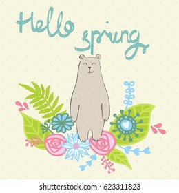 Hello spring. Greeting card with bear in vector.