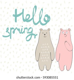 Hello spring. Greeting card with bears in vector.