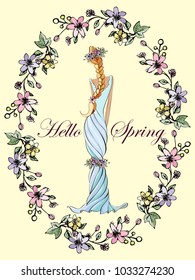 Hello spring greeting card with beautiful girl with blond braided hair in flowers frame