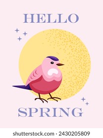 Hello spring. Greeting card with the beginning of spring. Cute little bird in pink and blue on round background. Magical illustration in retro and groovy style.