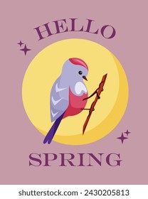 Hello spring. Greeting card with the beginning of spring on violet background. Cute little bird in pink and blue on round background. Magical illustration in retro and groovy style.
