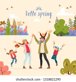 Hello spring. Hello spring greeting card with big family. Concept of friendly family and Parenthood child-rearing playing walking with kids in nature. Vector cartoon illustration.
