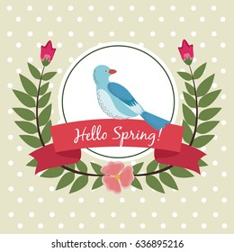 hello spring greeting card bird leaves wreath flower ribbon label