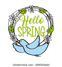 hello spring greeting card blue bird wreath floral