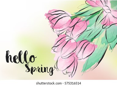 Hello Spring. Greeting card with a bouquet of tulips.