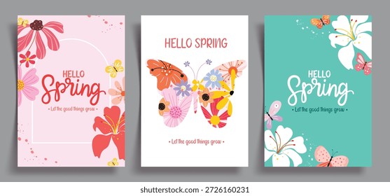 Hello Spring greeting card clipart poster set. Hello Spring greeting text in colorful background clip art with pattern butterfly and flowers holiday poster card template collection vector illustration.
