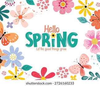 Hello spring greeting card clipart design. Hello Spring greeting text clip art with colorful flowers and butterfly beautiful background decoration for holiday season postcard vector illustration.
