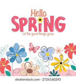 Hello Spring greeting card clipart background design. Hello Spring greeting text clip art with colorful flowers seamless border background decoration for holiday season postcard template vector illustration.
