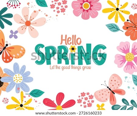 Hello spring greeting card clipart design. Hello Spring greeting text clip art with colorful flowers and butterfly beautiful background decoration for holiday season postcard vector illustration.
