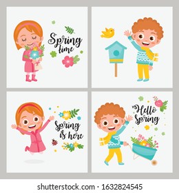 Hello Spring greeting card collection. Little boy with a garden wheelbarrow, boy with bird house, girl with floral bouquet. Kids rejoices in spring.