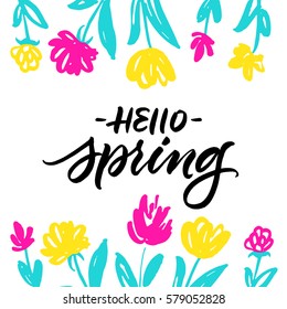 Hello Spring greeting card with colorful hand drawn flowers isolated on white background