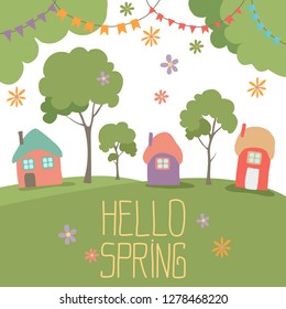 Hello spring greeting card. Cute illustration with spring bouquet flowers in air, little house, garden flower and festive flag. For your design.