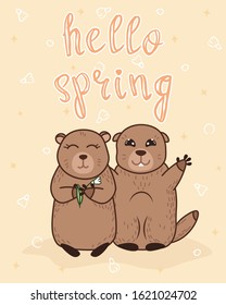 hello spring greeting card with cute groundhogs couple and handwritten slogan on yellow background, editable vector illustration for poster, banner, spring decoration