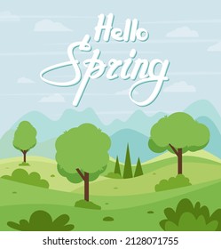 Hola tarjeta de saludo de primavera. Ilustración linda Hola primavera, paisaje. Eps 10