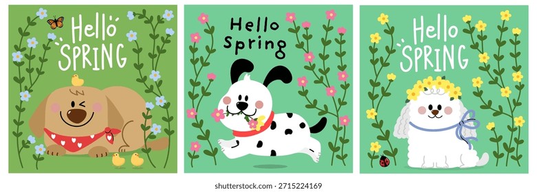 Hola tarjeta de felicitación de primavera con lindo cachorro de perro salchicha, caniche, perro y flores. Personajes de dibujos animados de animales. -Vector