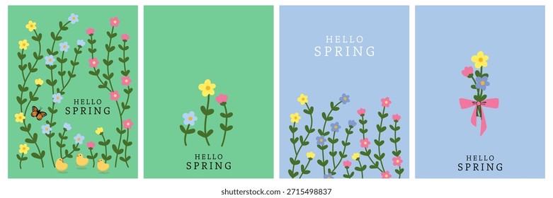Hola tarjeta de felicitación de primavera con linda flor. Florece floral para el Anuncio y el fondo de la temporada de vacaciones. -Vector