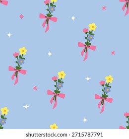 Hello spring greeting card with cute flower bouquet and bow. Bloom floral for holidays season banner and background. -Vector