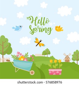 Hello spring greeting card. Cute illustration with spring bouquet in a boots, little frog, dragonfly and nesting box. 