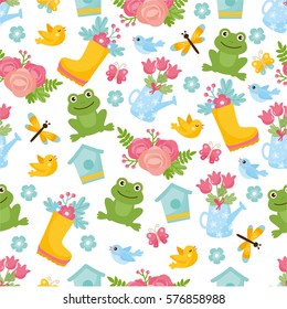 Hello spring greeting card. Cute illustration with spring bouquet in a boots, little frog, dragonfly and nesting box. 