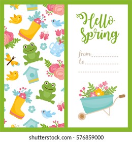 Hello spring greeting card. Cute illustration with spring bouquet in a boots, little frog, dragonfly and nesting box. 