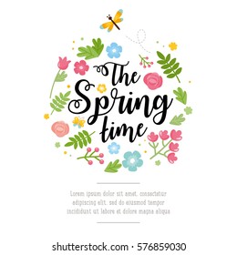 Hello spring greeting card. Cute illustration with spring bouquet in a boots, little frog, dragonfly and nesting box. 