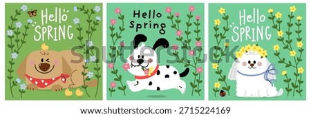 Hello spring greeting card with cute dachshund puppy, poodle, dog and flowers. Animal cartoon characters. -Vector