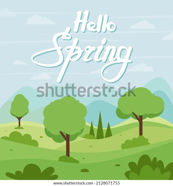 Hello spring greeting card. Cute illustration\
Hello spring, landscape. Eps\
10