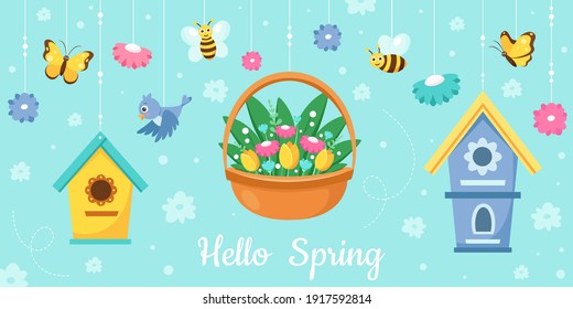 Hello Spring greeting card. Spring decorative elements. Vector illustration