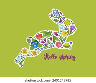 Hello spring greeting card with Easter bunny. Cute rabbit jumping vector illustration. Spring Easter card banner template. Hopping little rabbit silhouette filled with spring flower blooms pattern.