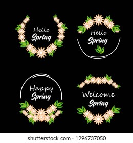 Hello Spring greeting card element, flower circle with editable text, flat style of floral decoration border frame