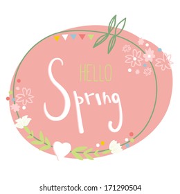  Hello Spring greeting card with floral wreath