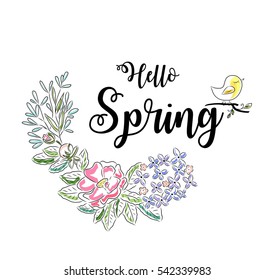 Hello spring greeting card. Flower wreath and lettering.