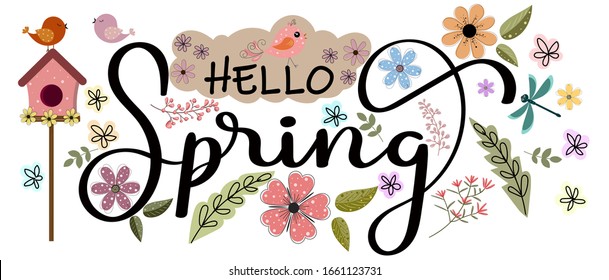 Hello spring. Hello SPRING! greeting card with flowers, birds and leaves vector. Hello Spring illustration.