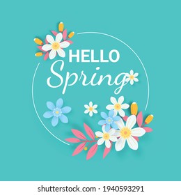 Hello spring greeting card with flowers