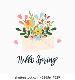 Hello spring! Greeting card with flowers in an envelope.  Hand-drawn trendy letter with flowers inside. The modern concept of greeting. Botanical floral elements.