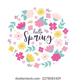 Hola tarjeta de saludo de primavera con flores en forma de círculo, vector ilustración dibujada a mano plana