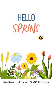 Hello Spring greeting card. Flowers and bee vector illustrations. 