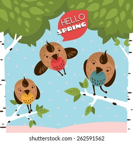 Hello spring. Greeting card with funny birds and tree vector illustration